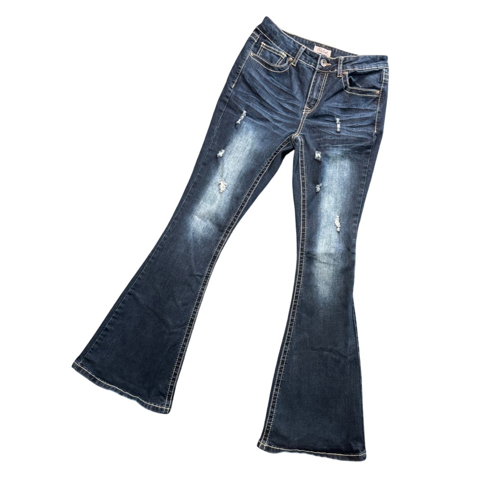 True Luck Y2K Flare Jeans Dark Wash Distressed Indie Boho Festival Women 9/10